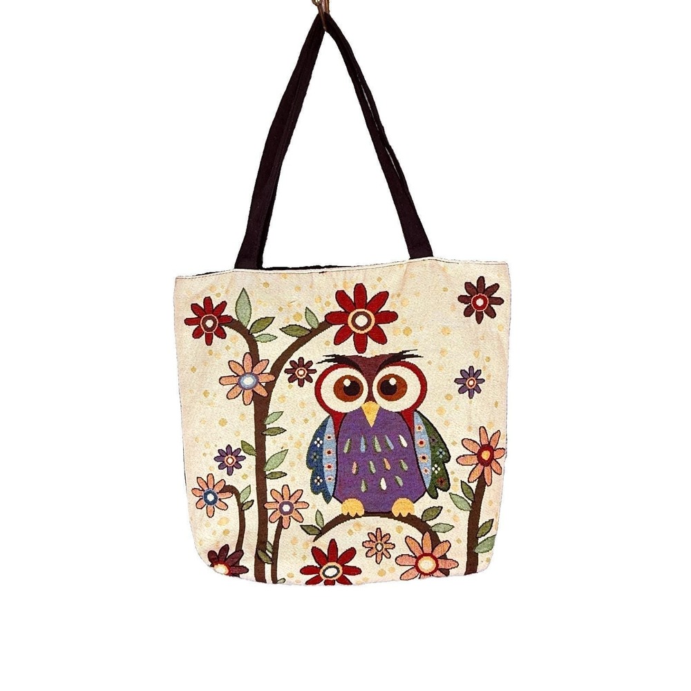 Vintage Owl Floral Tapestry Tote Bag Boho Cottagecore Shoulder Purse Zippered